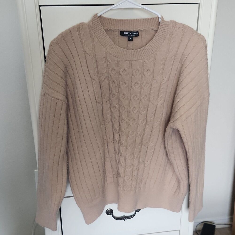 SHEIN MOD Cable-Knit Pullover Sweater Beige Crew Neck Long Sleeve Womens M